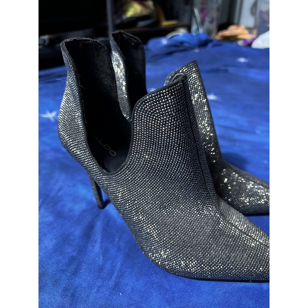 Aldo Rhinestone Crystal Stiletto Ankle Boots Pointed Toe Silver Black Size 7.5